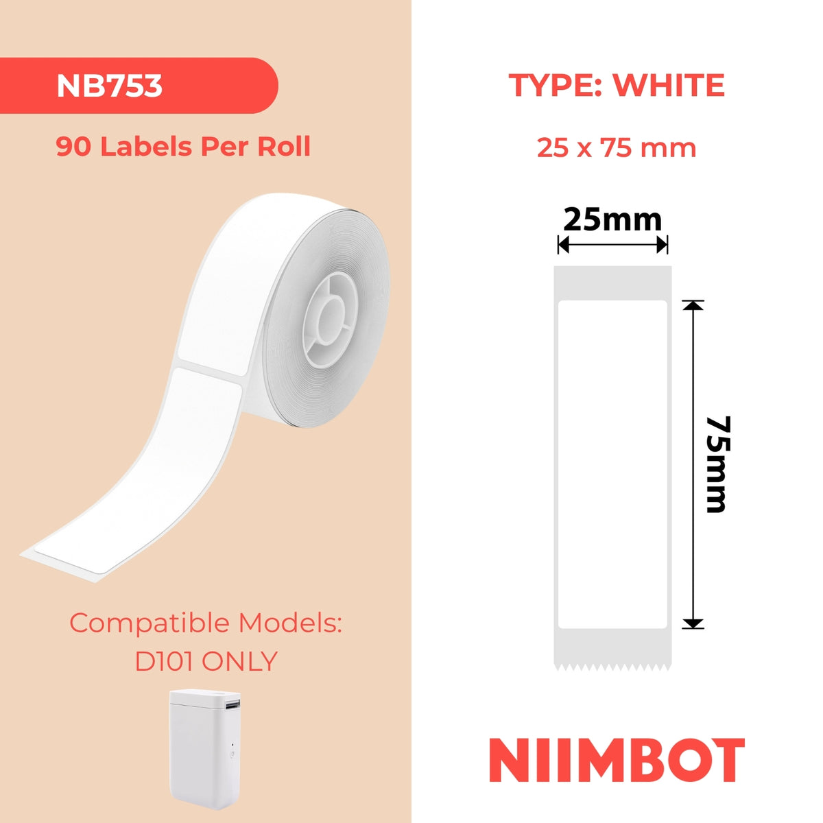 NIIMBOT - Solo D101 - 25x75mm - Bianco - 90 Etichette