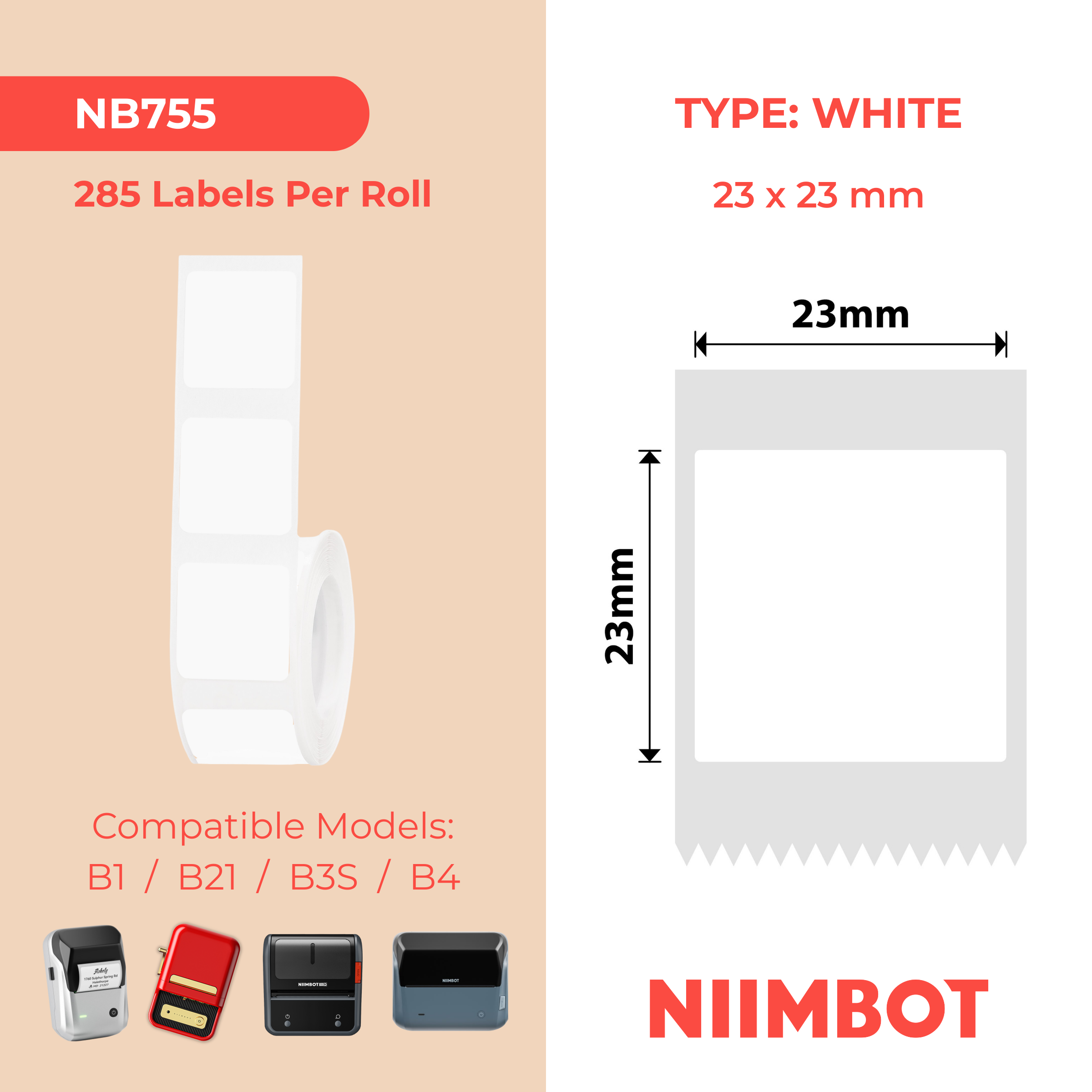 NB755 - NIIMBOT - B1 / B21 / B3S / B4 - 23X23MM - 285 WHITE (M STYLE) LABELS