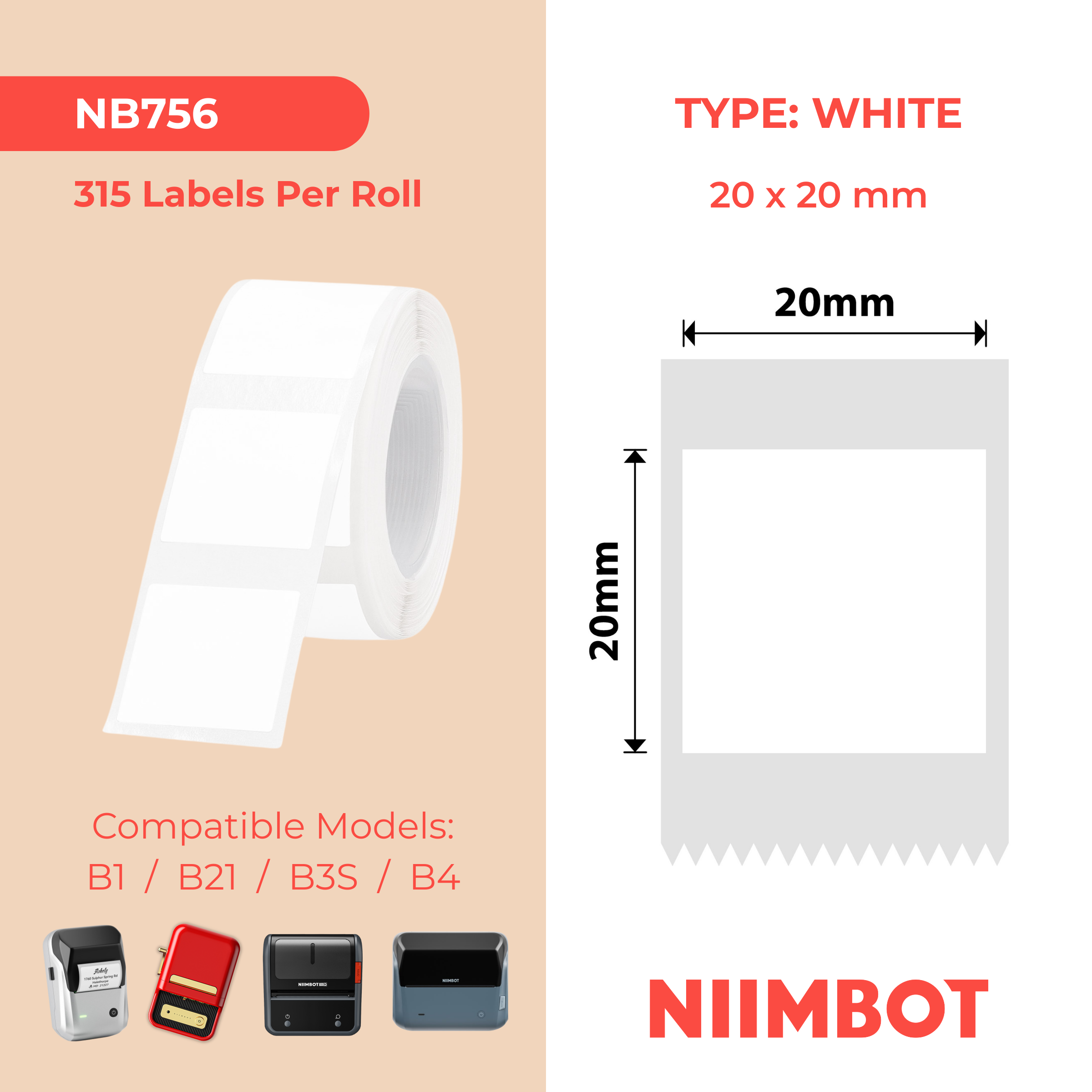 NB756 - NIIMBOT - B1 / B21 / B3S / B4 - 20X20MM - 315 WHITE (F STYLE) LABELS