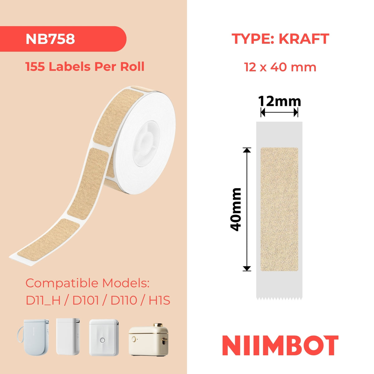 NIIMBOT - Gamma D - 12x40mm - Carta Kraft opaca - 155 etichette