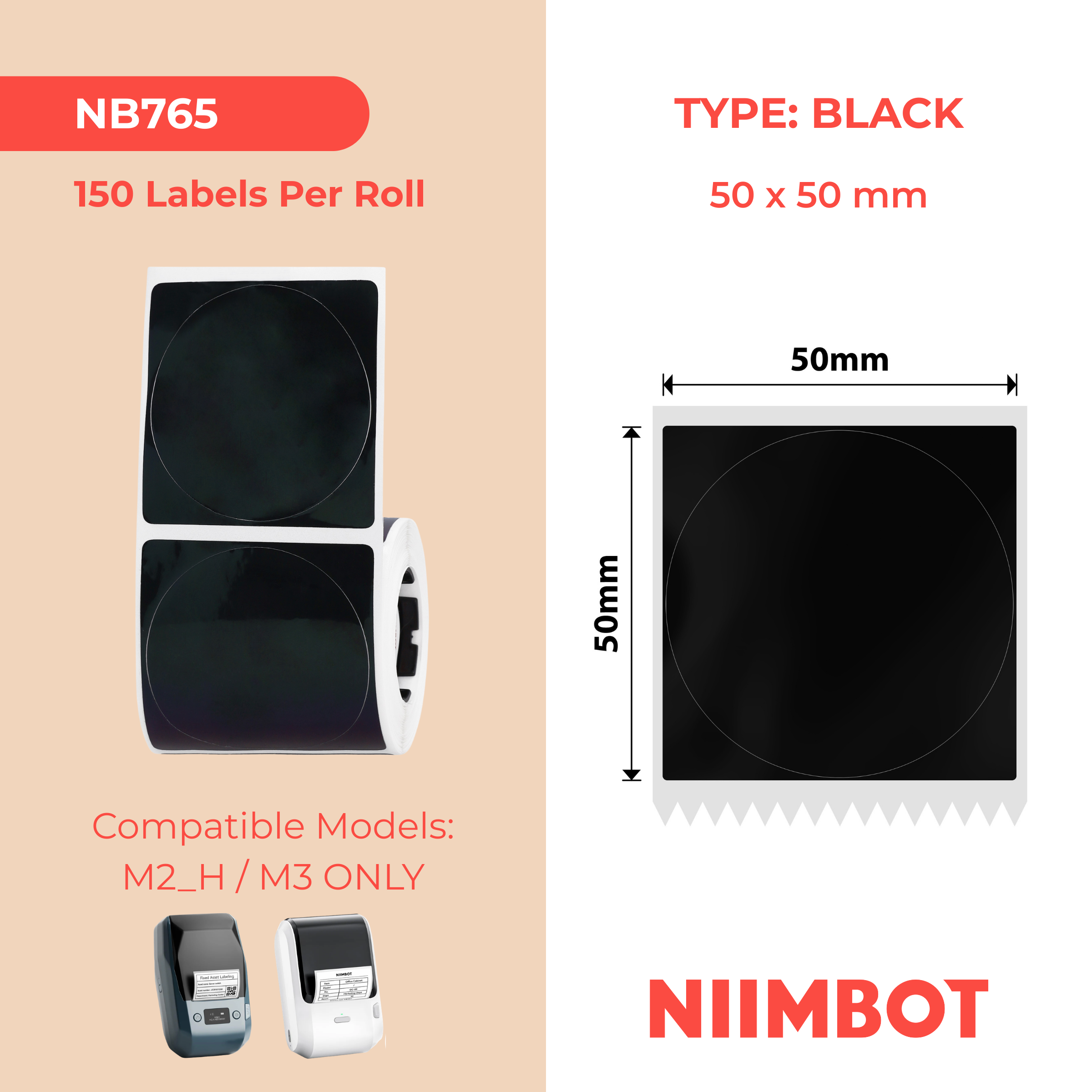 NB765 - NIIMBOT - M2 / M3 - 50X50MM - 150 BLACK ROUND LABELS