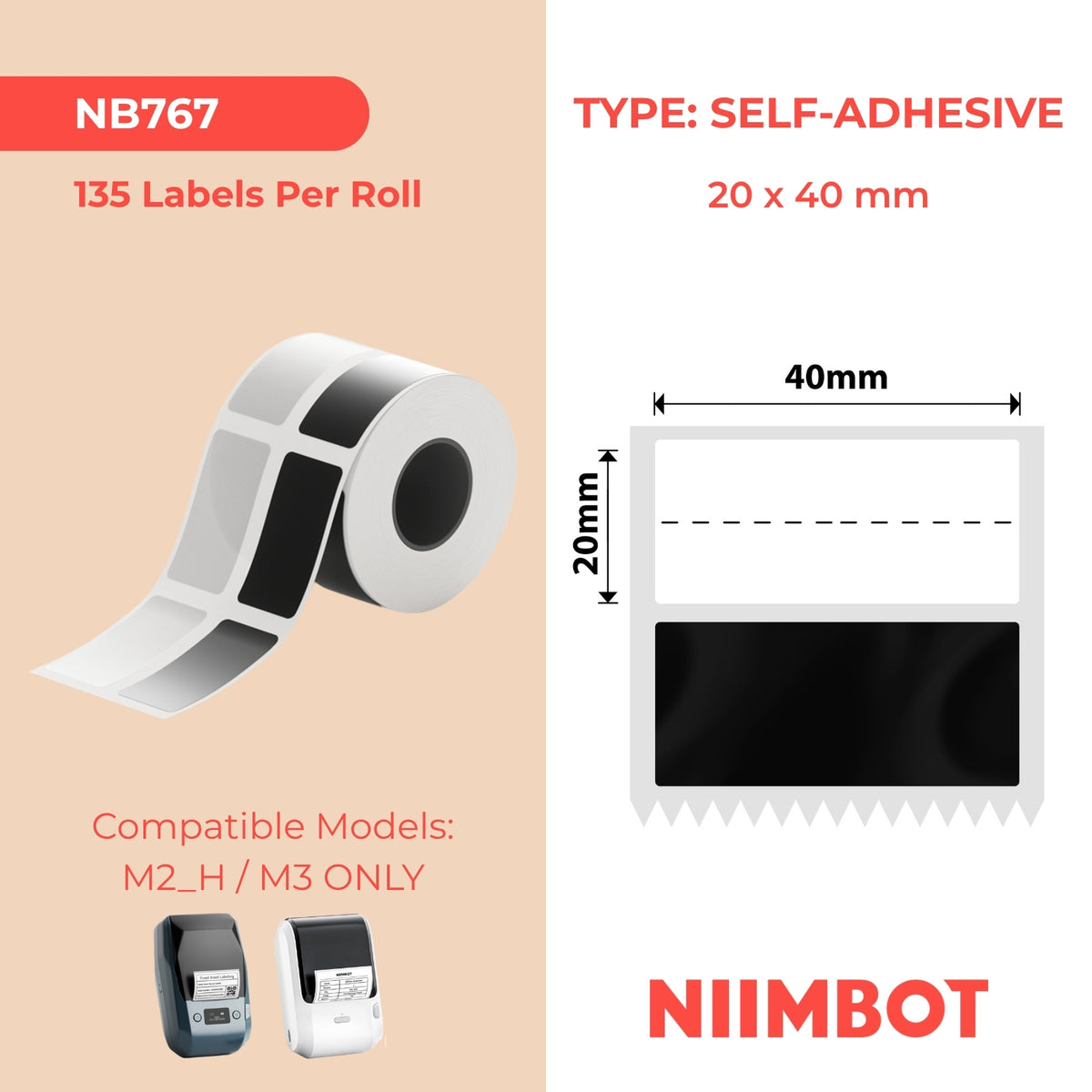 NIIMBOT - M Range - 20x40mm+25.25 - Black Self-Adhesive - 135 Labels