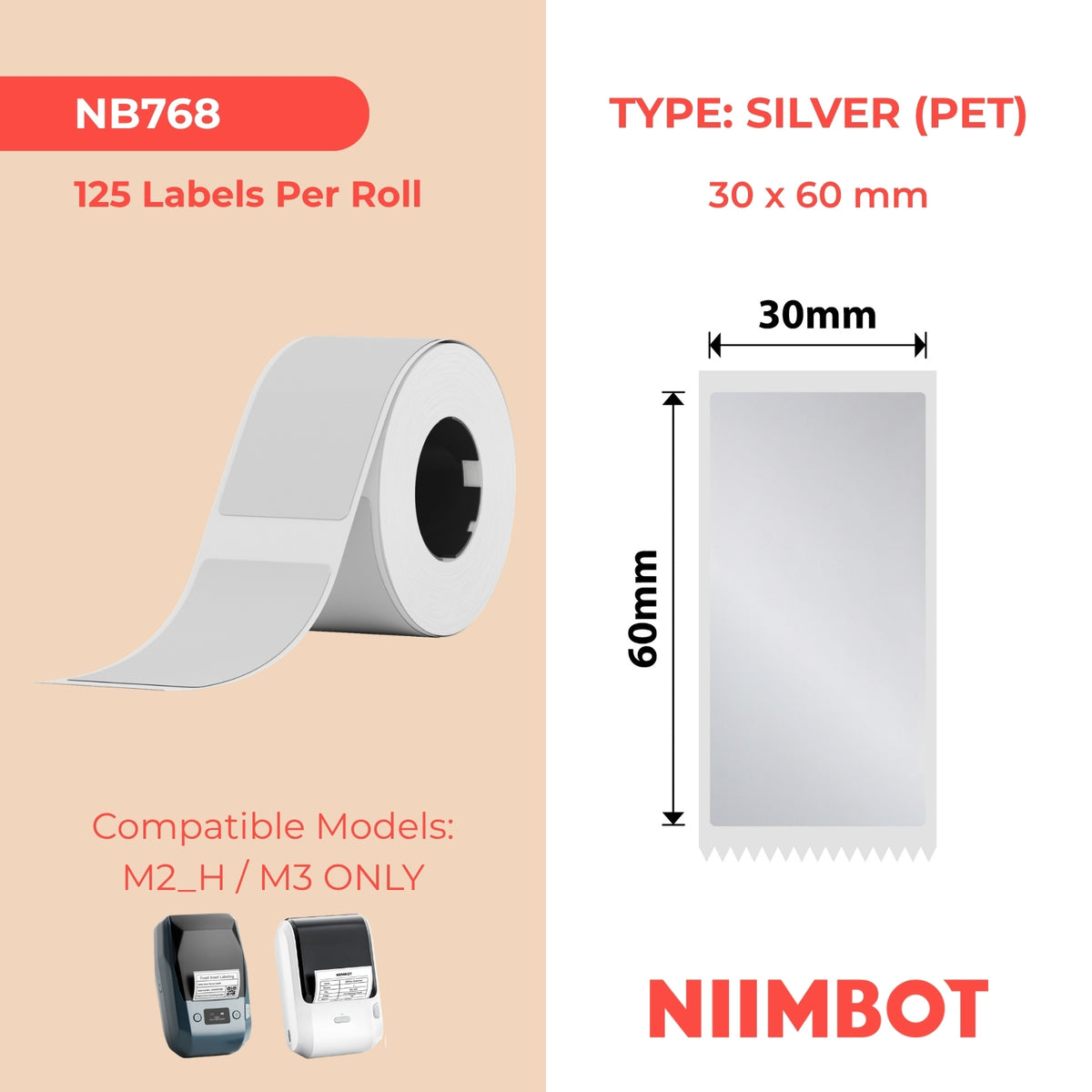 NIIMBOT - M Range - 30x60mm - Silver - 125 Labels