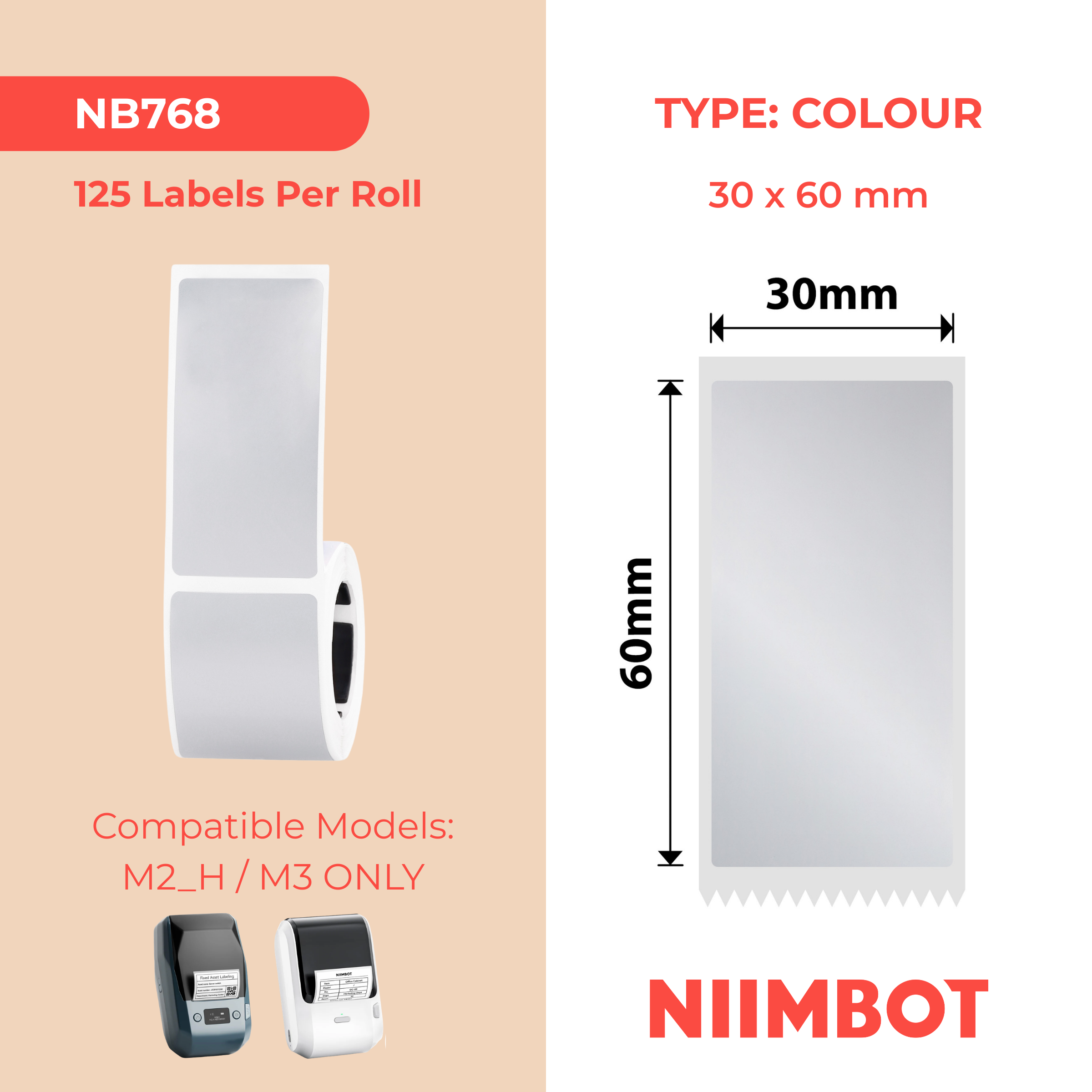 NB768 - NIIMBOT - M2 / M3 - 30X60MM - 125 MATTE SILVER LABELS