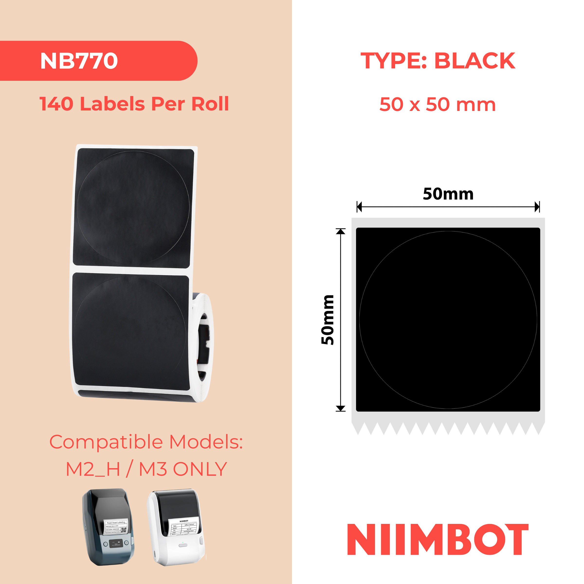 NB770 - NIIMBOT - M2 / M3 - 50X50MM - 140 MATTE BLACK ROUND LABELS