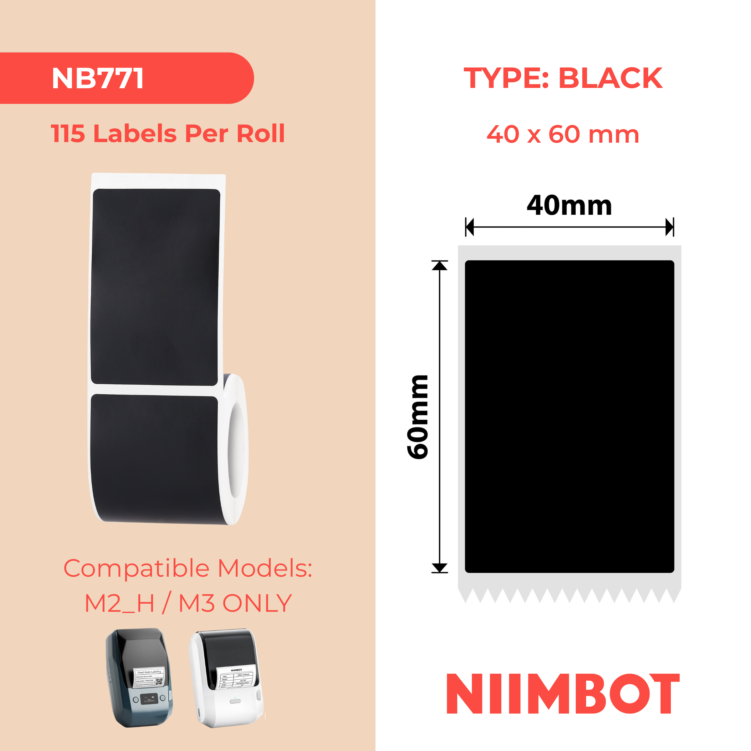 NB771 - NIIMBOT - M2 / M3 - 40X60MM - 115 MATTE BLACK LABELS