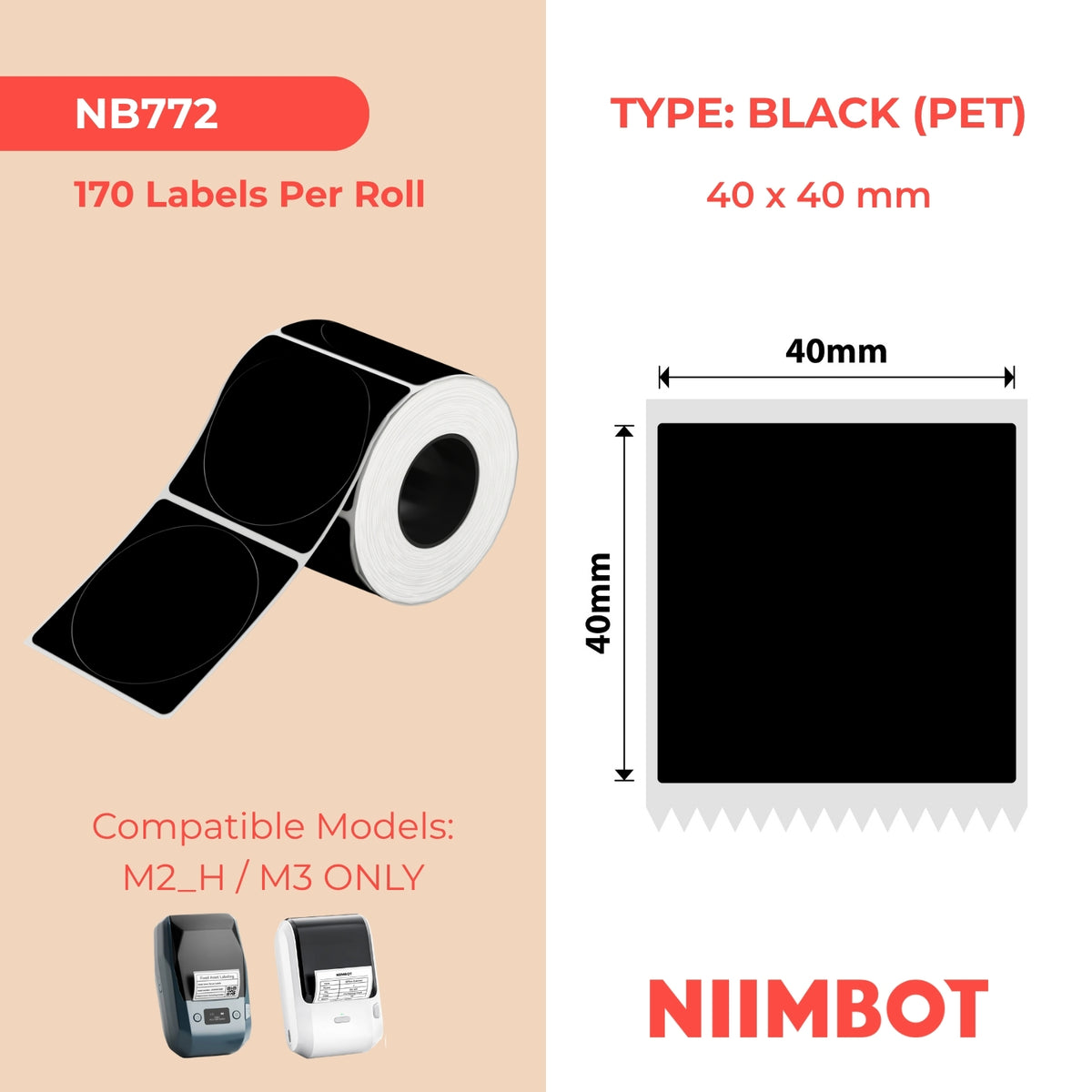 NIIMBOT - M Range - 40x40mm - Matte Black - 170 Labels