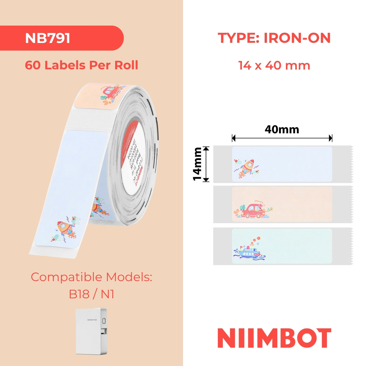 NIIMBOT - N1 - 14x40mm - Iron On Cartoon Patterns - 60 Labels - CN
