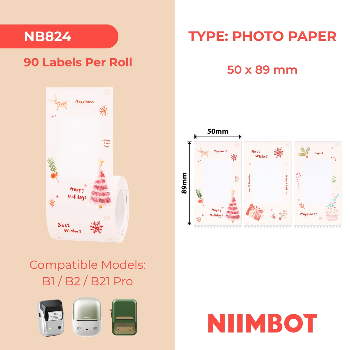 NIIMBOT-Gamme B Pro-50 x 89 mm-Niveaux de gris-Papier photo-Noël enneigé-90 étiquettes-CN