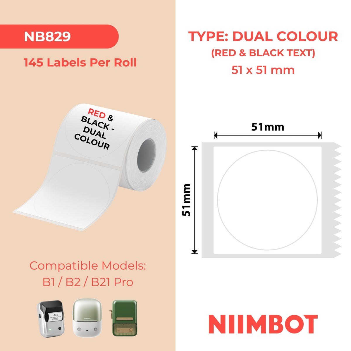 NIIMBOT - B Pro Range - 51x51mm - White Round - Dual Colour - Red & Black Text - 145 Labels