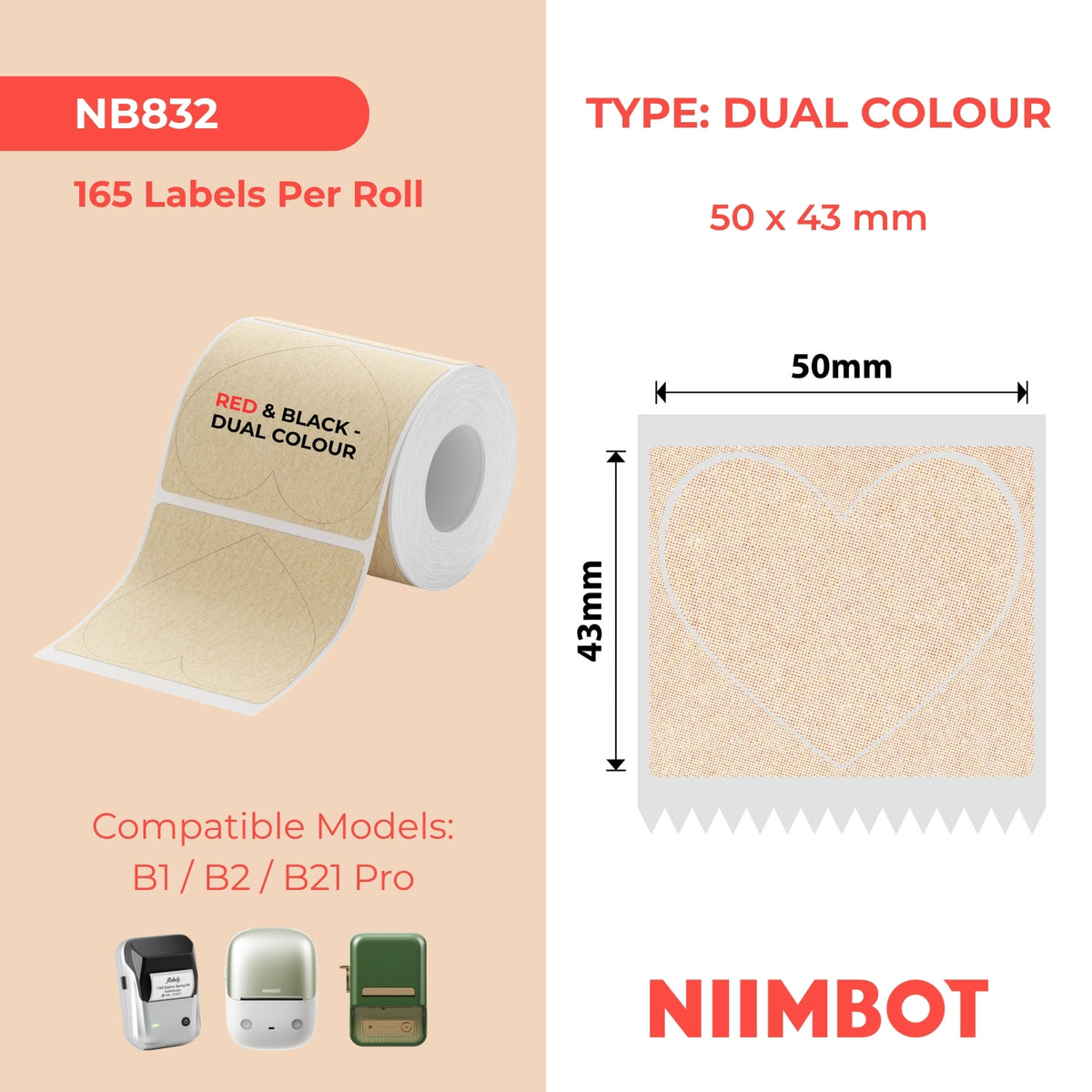 NIIMBOT - B Pro Range - 50x43mm - Kraft Heart Shape - Dual Colour - Red & Black Text - 165 Labels