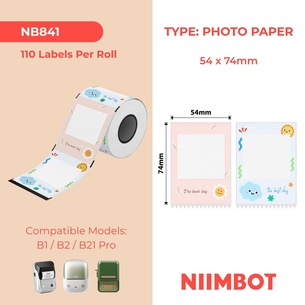 NIIMBOT - B Pro Range - 54x74mm - Greyscale Photo Paper - Best Day - 110 Labels