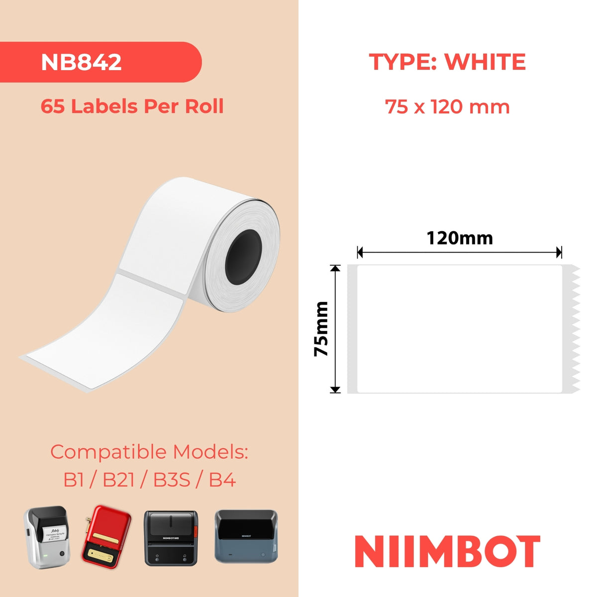 NIIMBOT - B Range - 75x120mm - White - 65 Labels