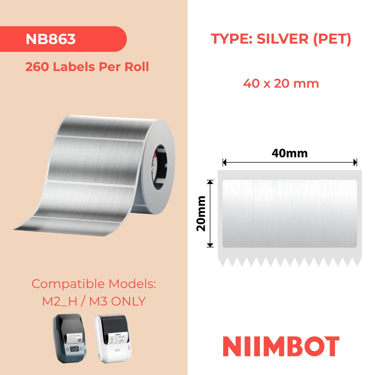 NIIMBOT - M Gamma - 40x20mm - Argento spazzolato - 260 etichette