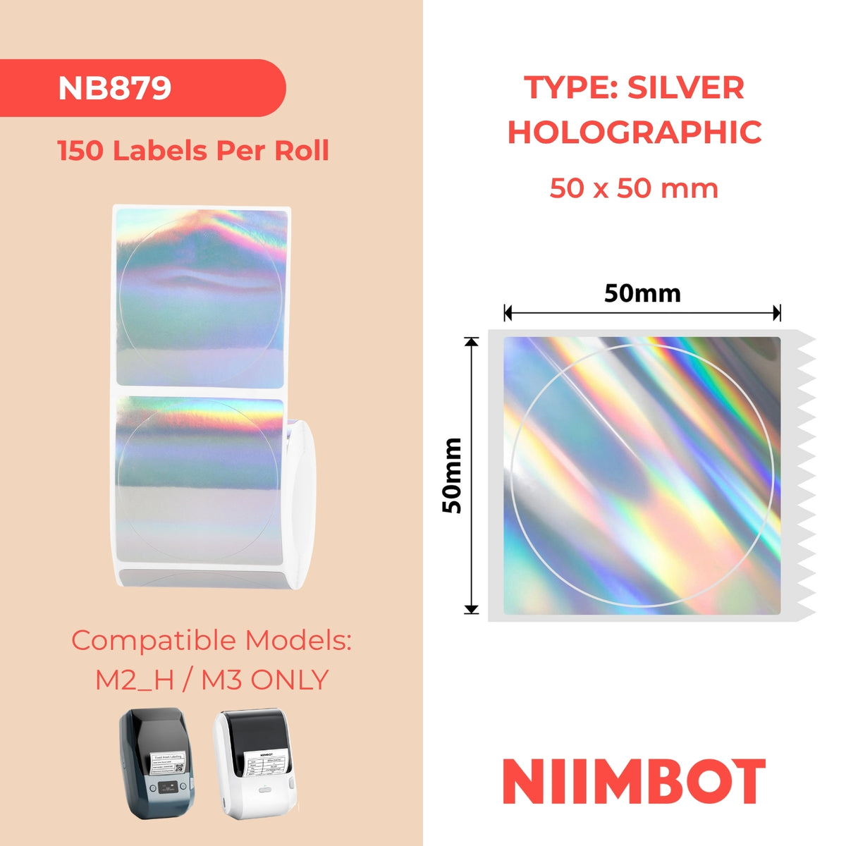 NIIMBOT - M Gamma - 50x50mm - Etichette rotonde olografiche argento per laser - 150 etichette