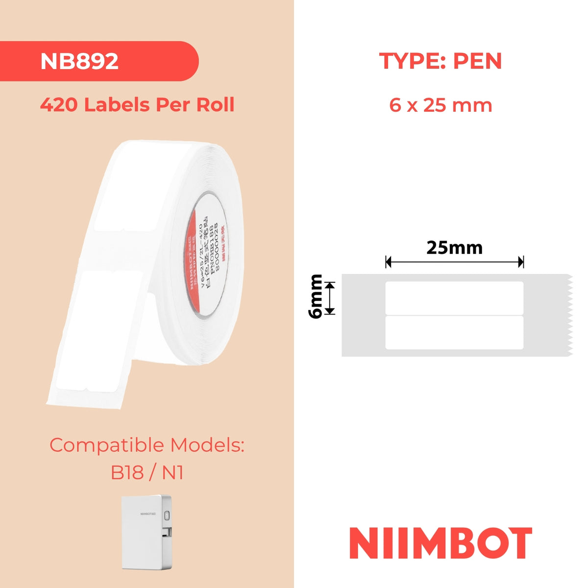 NIIMBOT - N1 - 6x25mm/2L - Adesivo verticale bianco a forma di matita - 420 etichette