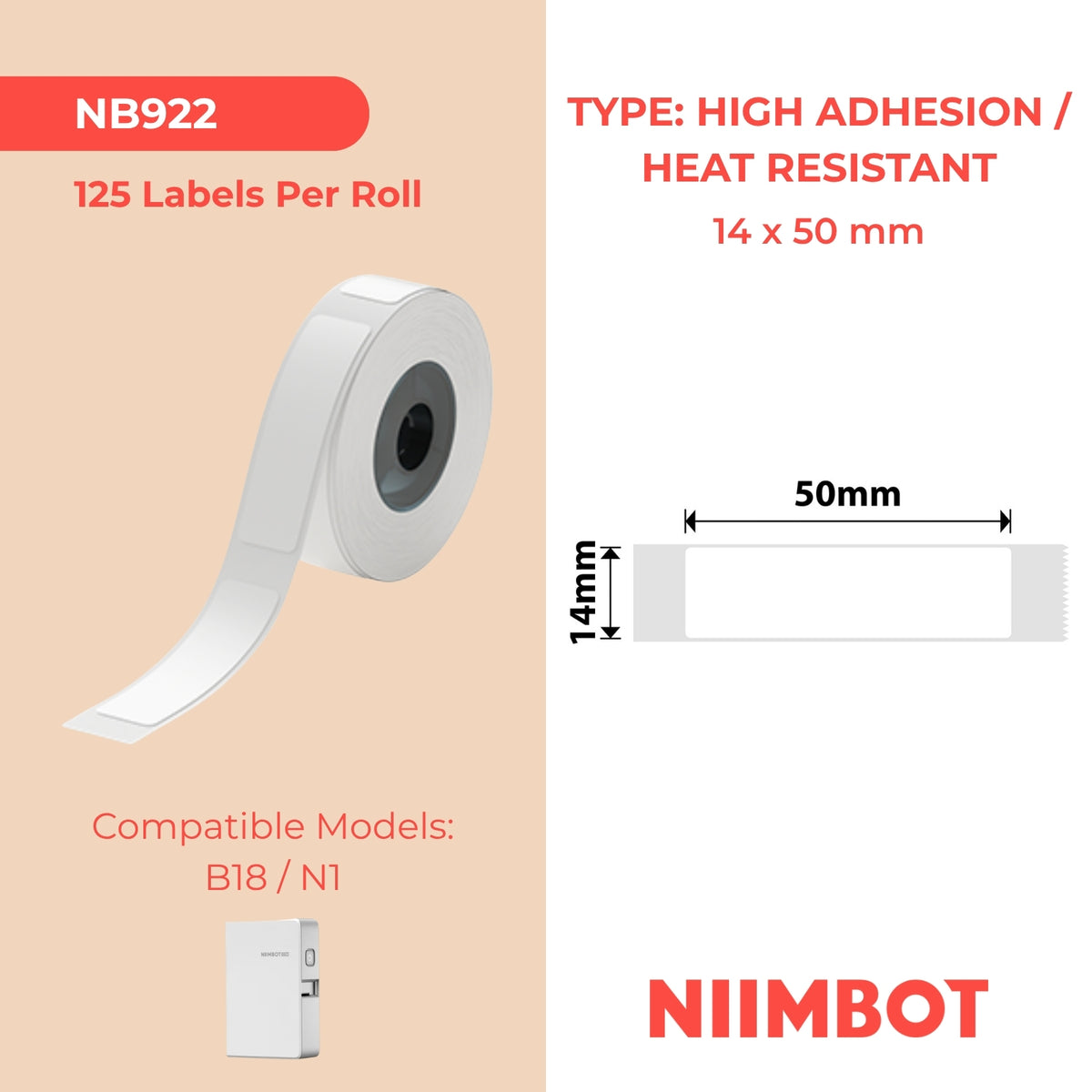 NIIMBOT - N1 - 14x50mm - White High Temperature Strong Adhesive - 125 Labels