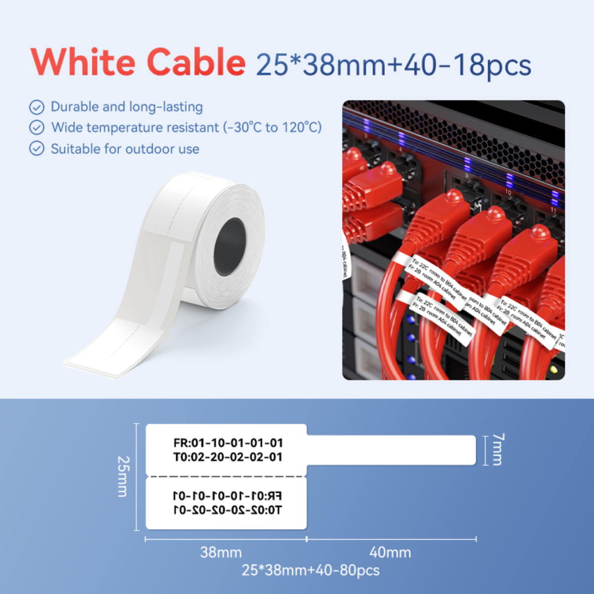 NIIMBOT-M Gamme-25 x 38 + 40 mm-Câble blanc-80 étiquettes