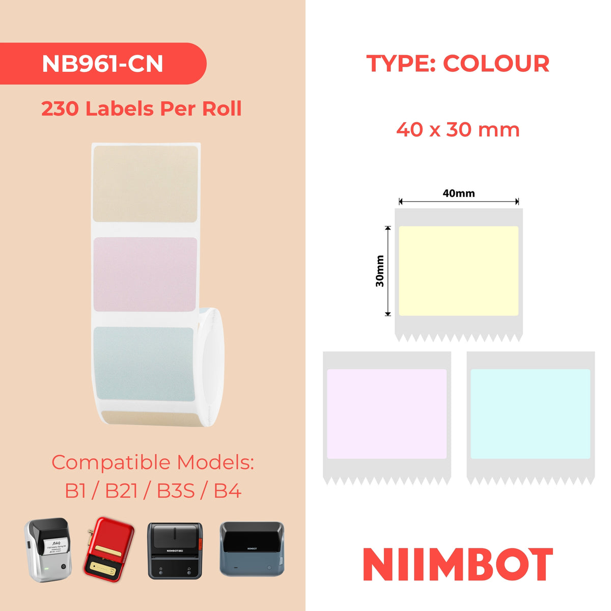 NIIMBOT-Gamme B-40 x 30 mm-Couleur Macaron-230 étiquettes-CN