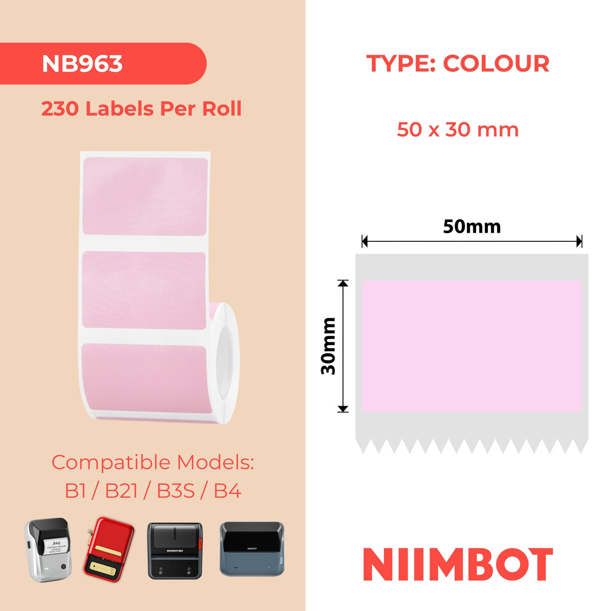 NIIMBOT-Gamme B-50 x 30 mm-Rose clair-230 étiquettes