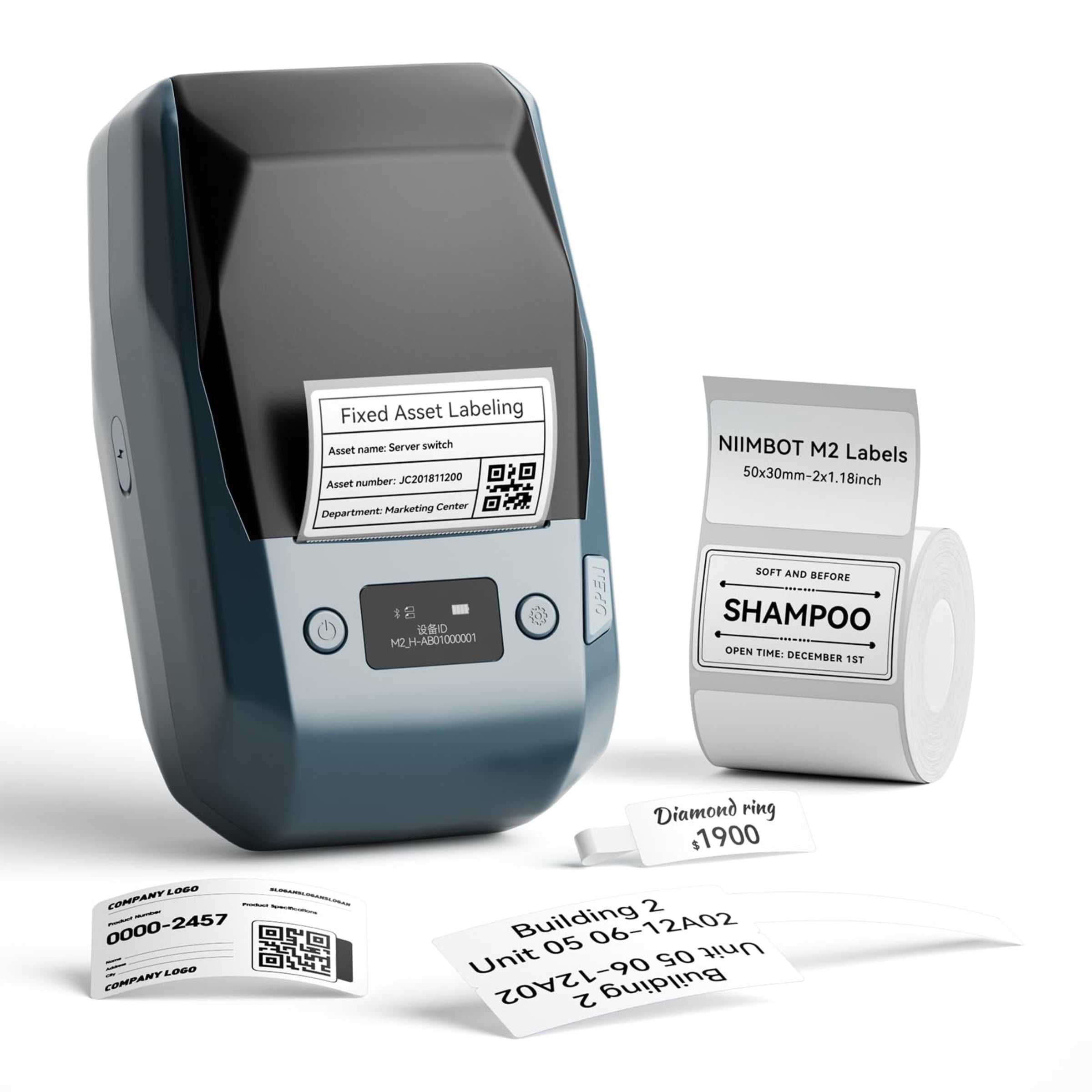 NB589 - NIIMBOT - M2_H - 300DPI THERMAL TRANSFER BLUETOOTH LABEL PRINTER - INCL BLACK RIBBON CARTRIDGE & WHITE 50X30MM LABEL - WHITE