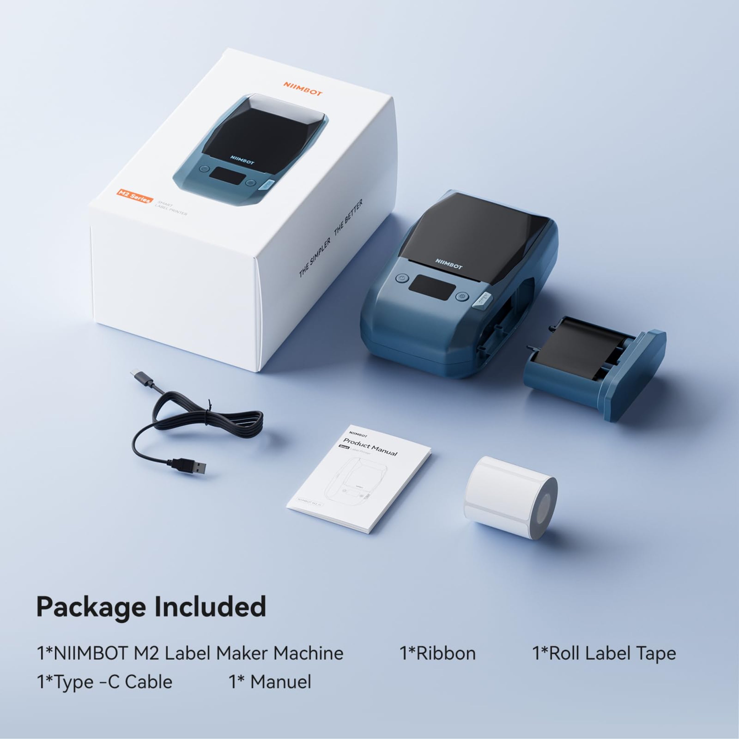 NB589 - NIIMBOT - M2_H - 300DPI THERMAL TRANSFER BLUETOOTH LABEL PRINTER - INCL BLACK RIBBON CARTRIDGE & WHITE 50X30MM LABEL - WHITE