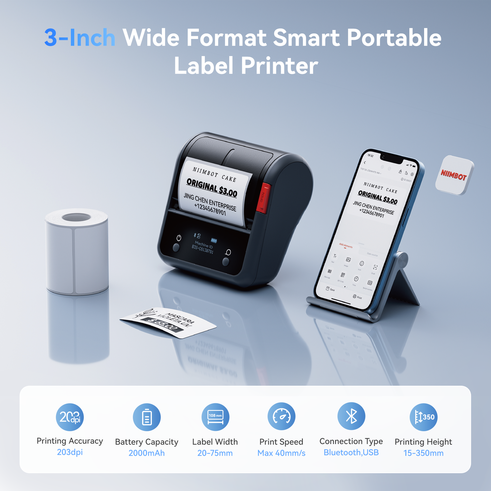 NB119 - NIIMBOT - B3S_PRO - PORTABLE THERMAL LABEL BLUETOOTH PRINTER INCL FREE LABEL (70X40MM)
