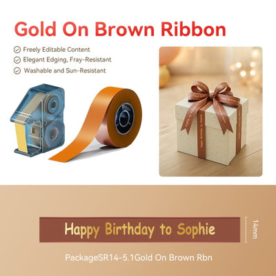 NIIMBOT-Ruban cadeau en satin N1-14 mm x 5, 1 m-Or sur ruban marron
