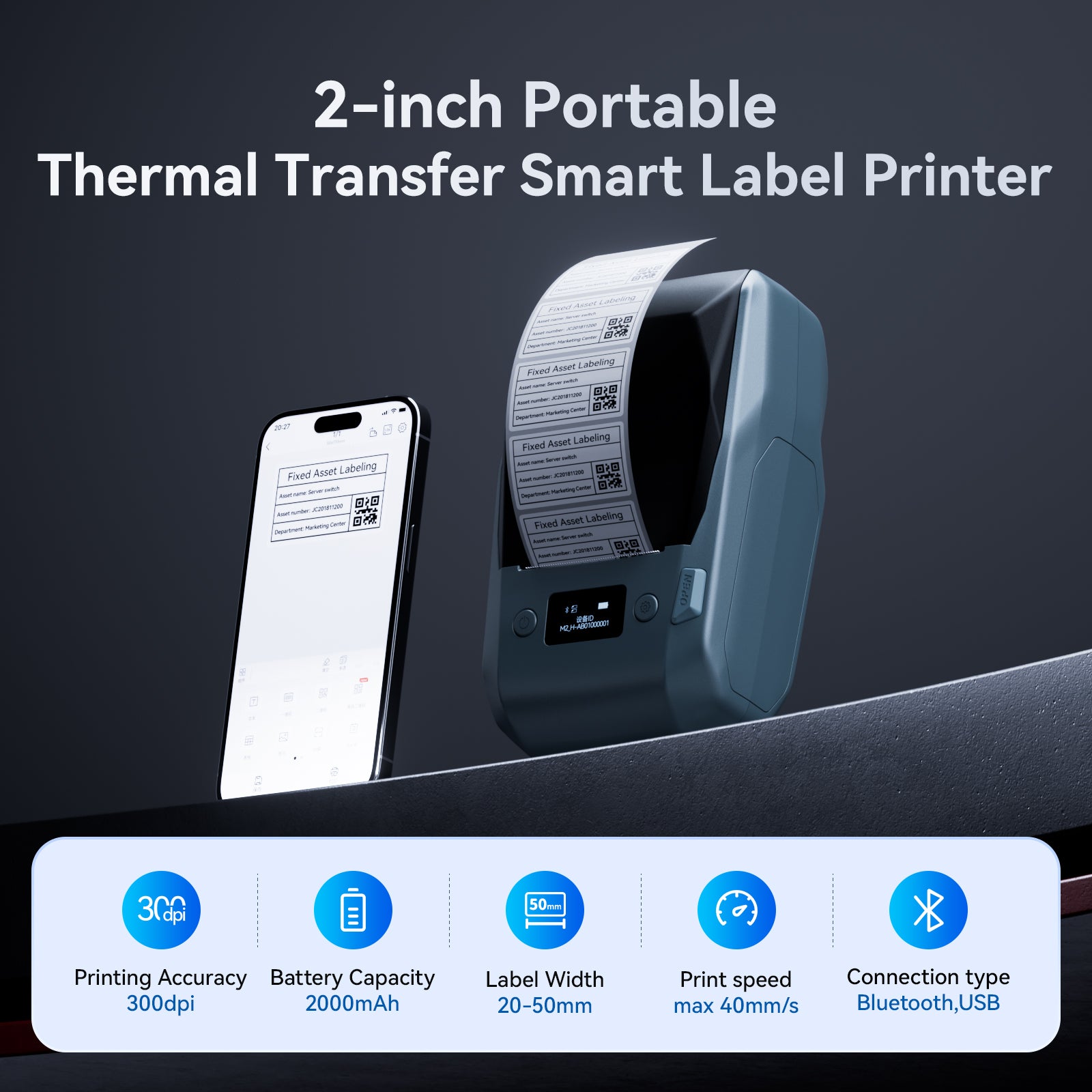 NB589 - NIIMBOT - M2_H - 300DPI THERMAL TRANSFER BLUETOOTH LABEL PRINTER - INCL BLACK RIBBON CARTRIDGE & WHITE 50X30MM LABEL - WHITE