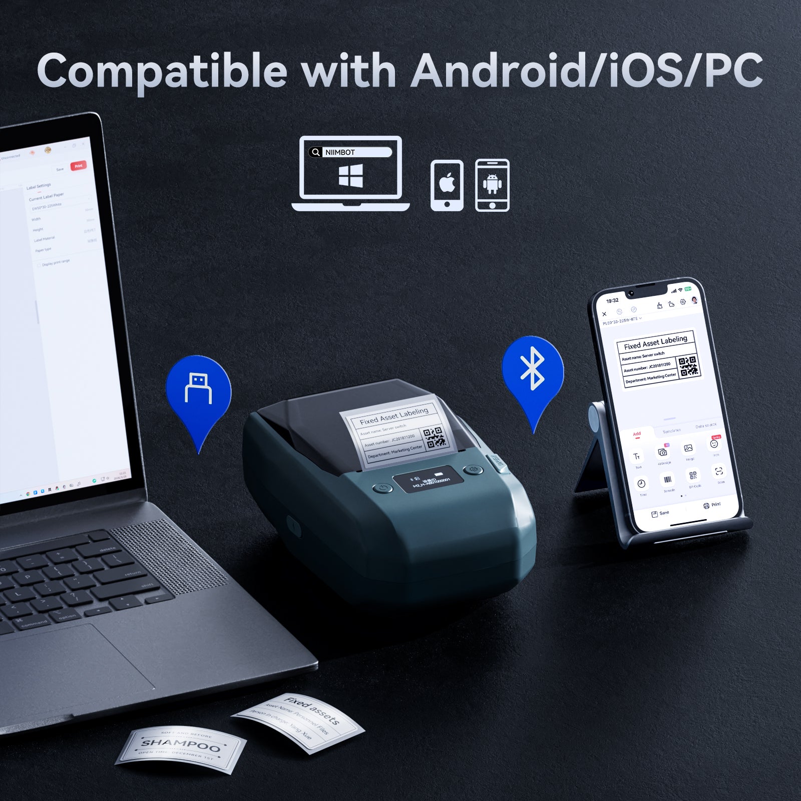 NB589 - NIIMBOT - M2_H - 300DPI THERMAL TRANSFER BLUETOOTH LABEL PRINTER - INCL BLACK RIBBON CARTRIDGE & WHITE 50X30MM LABEL - WHITE