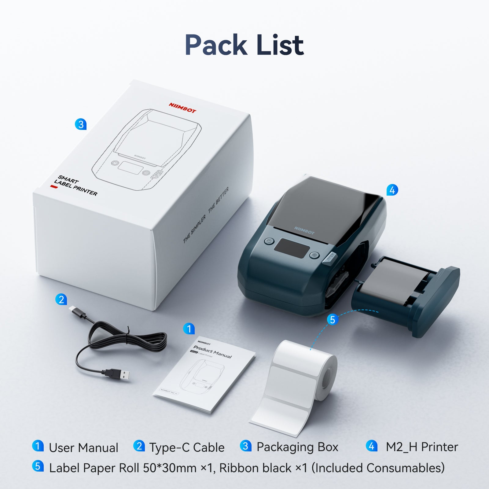 NB589 - NIIMBOT - M2_H - 300DPI THERMAL TRANSFER BLUETOOTH LABEL PRINTER - INCL BLACK RIBBON CARTRIDGE & WHITE 50X30MM LABEL - WHITE
