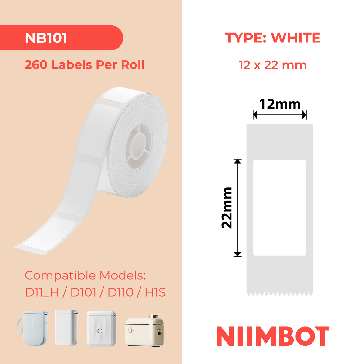 NIIMBOT - D Range - 12x22mm - White - 250 Labels