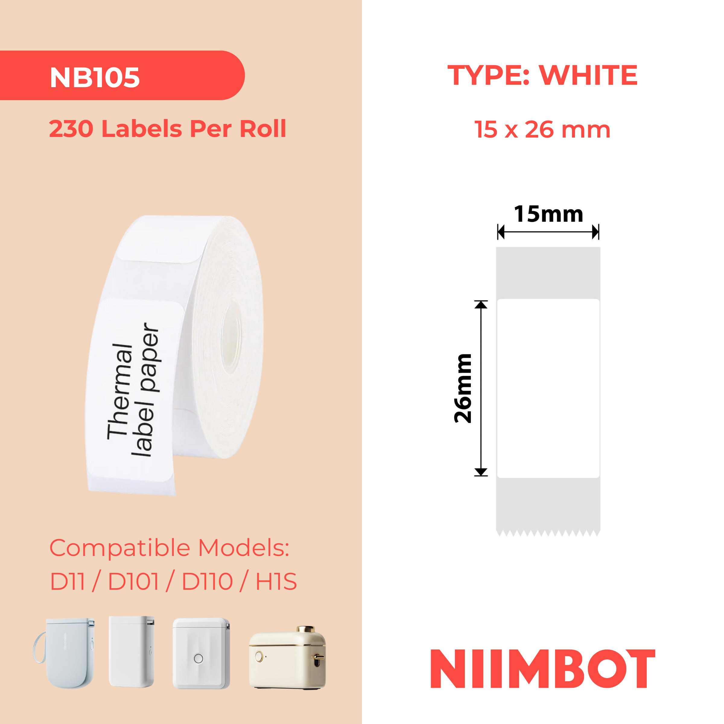 NB105 - NIIMBOT - D11 / D101 / D110 / H1S - 15X26MM - 230 WHITE LABELS