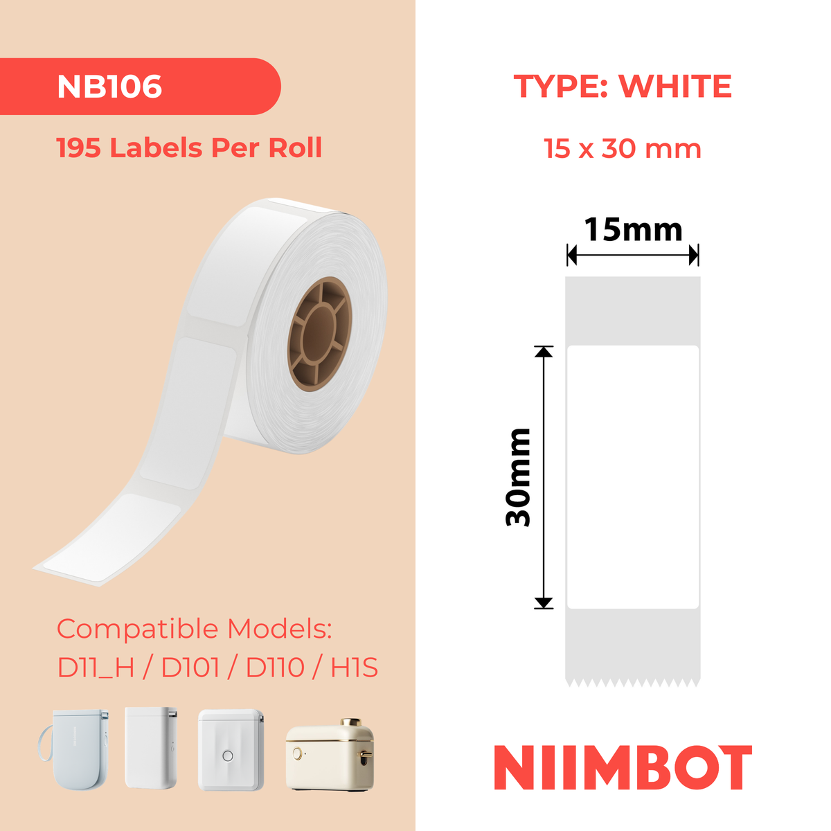 NIIMBOT - D Range - 15x30mm - White - 195 Labels