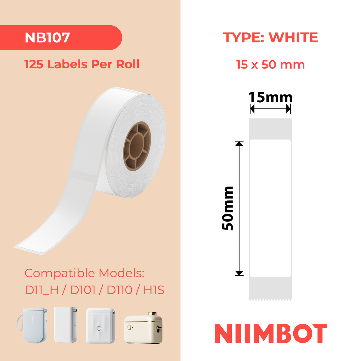 NIIMBOT - D Range - 15x50mm - White - 125 Labels