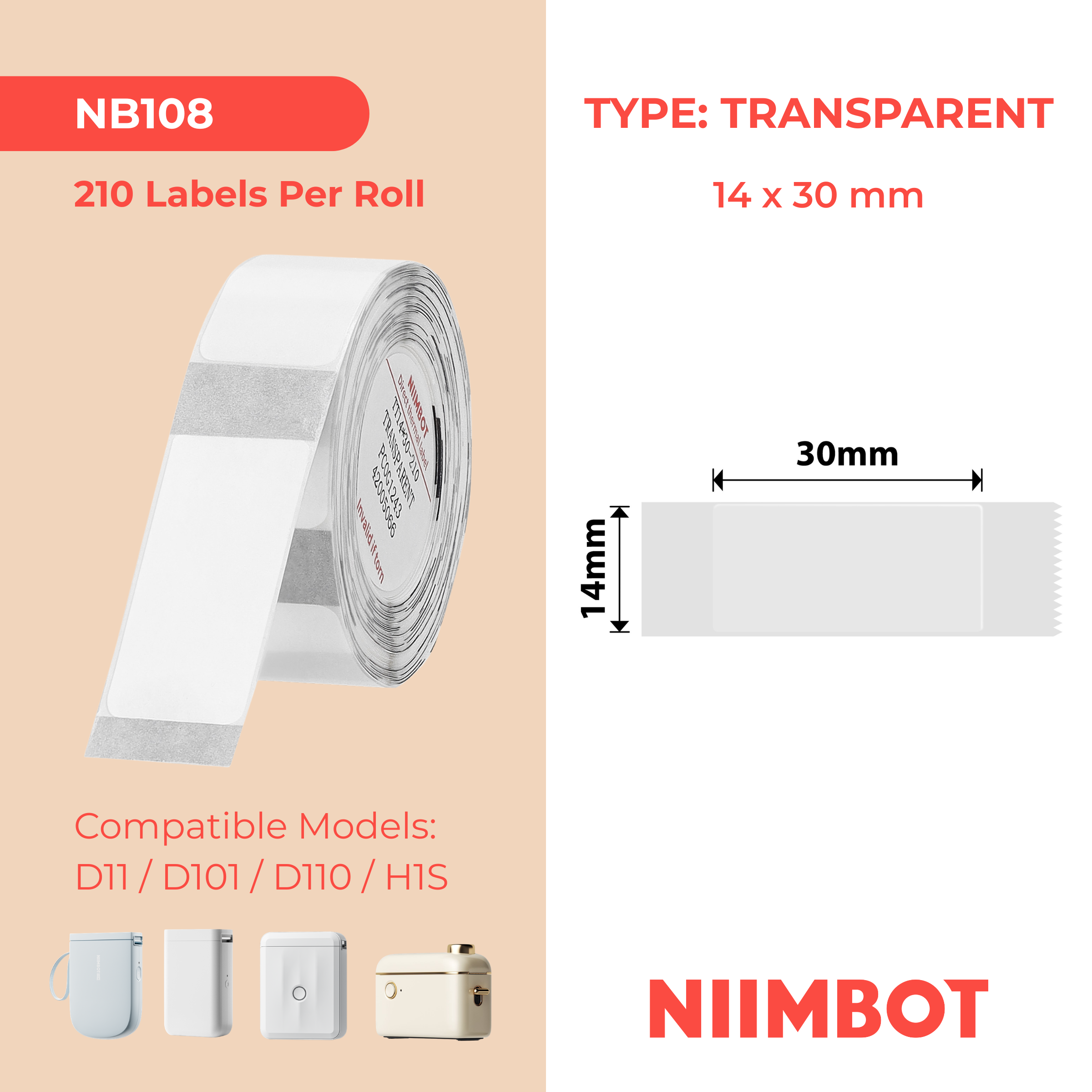NB108 - NIIMBOT - D11 / D101 / D110 / H1S - 14X30MM - 210 ÉTIQUETTES PAR ROULEAU - TRANSPARENT
