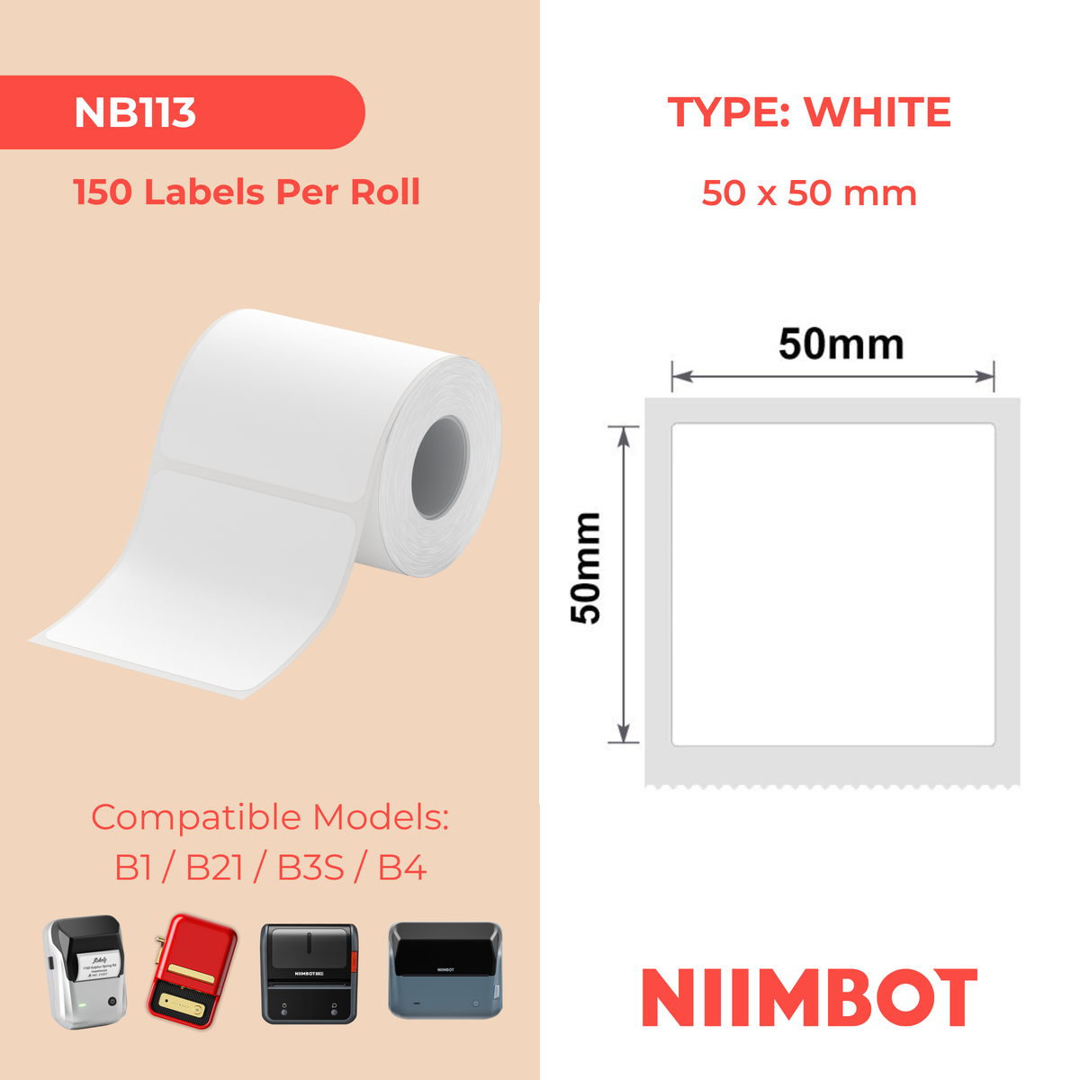 NIIMBOT - B Range - 50x50mm - White - 150 Labels
