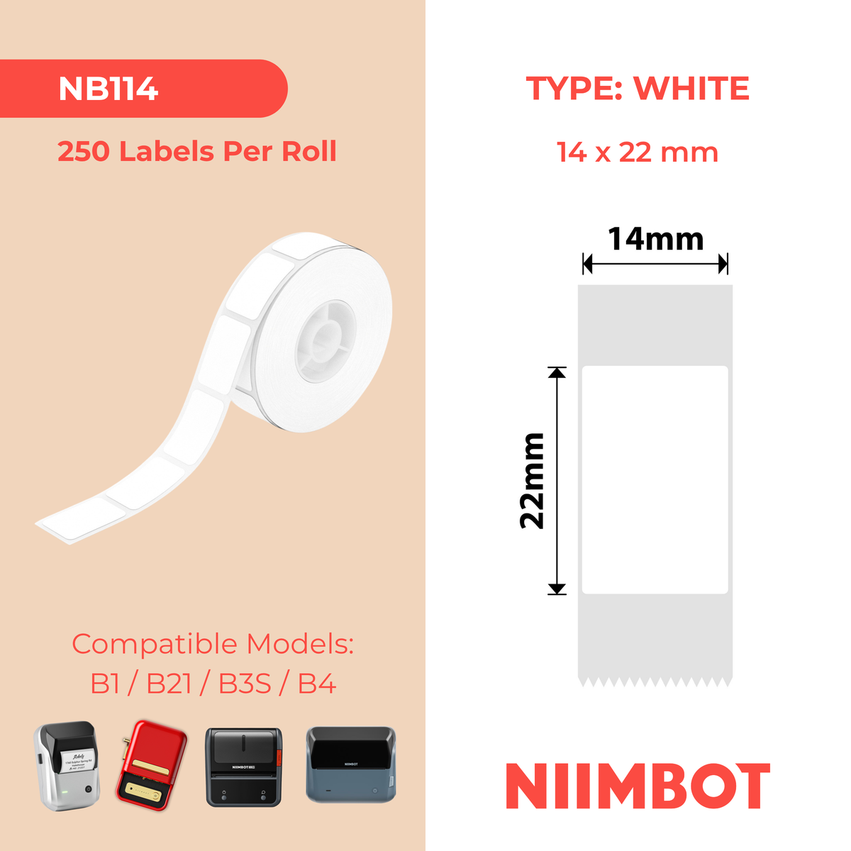 NIIMBOT - D Range - 14x22mm - White - 250 Labels
