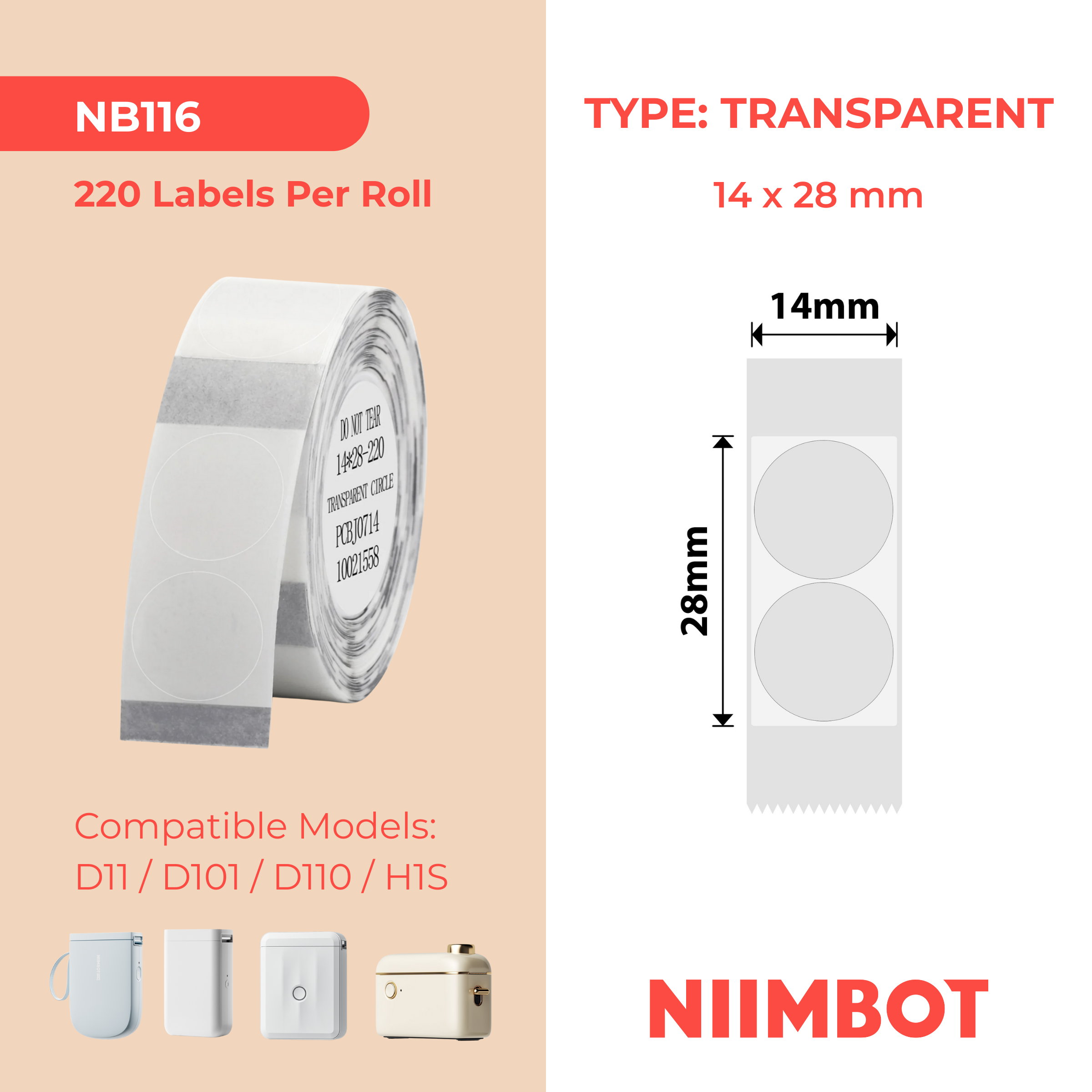 NB116 - NIIMBOT - D11 / D101 / D110 / H1S - 14X28MM - 220 TRANSPARENT ROUND LABELS