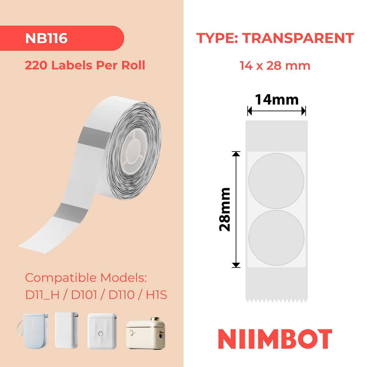 NIIMBOT - D Range - 14x28mm - Transparent Round - 220 Labels