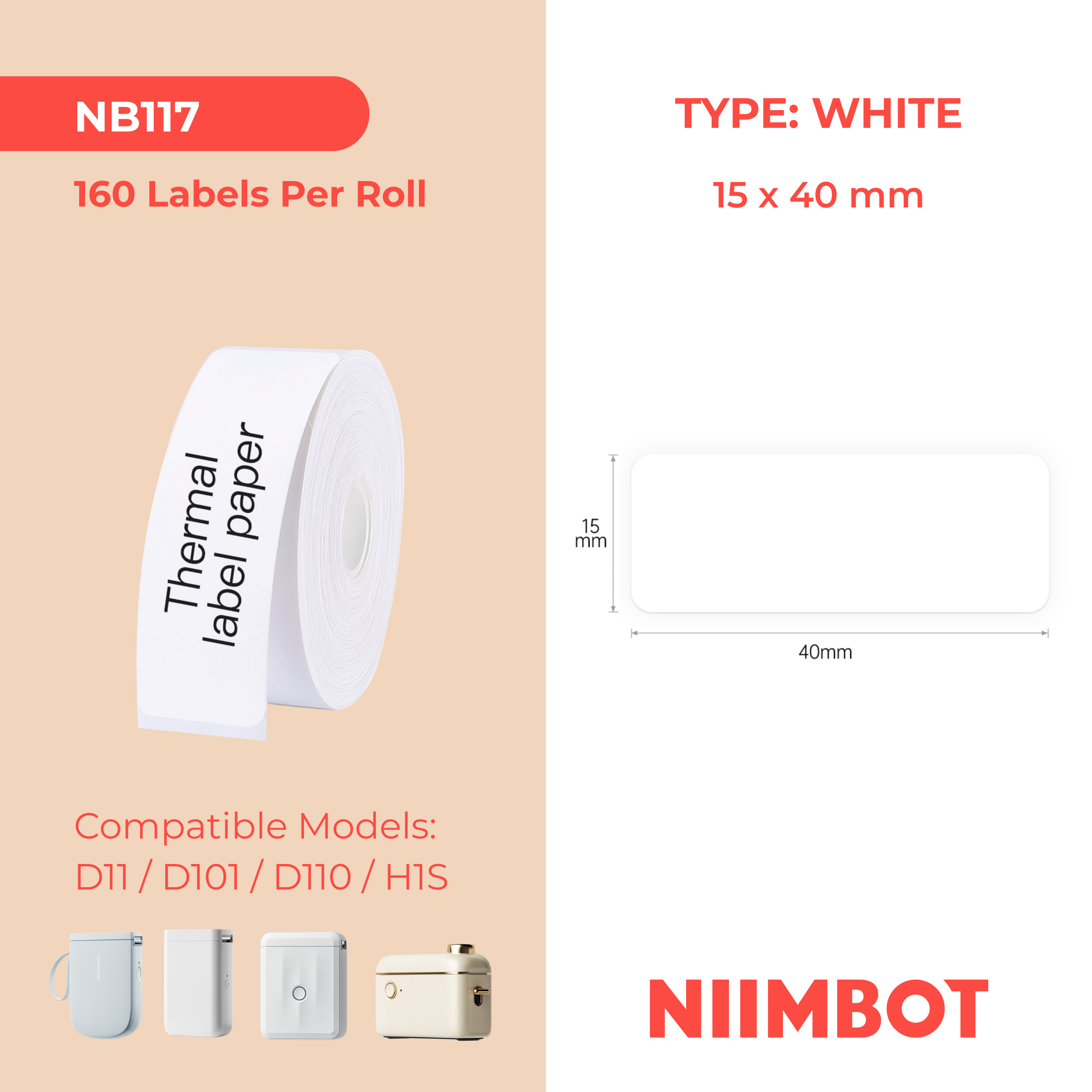 NB117 - NIIMBOT - D11 / D101 / D110 / H1S - 15X40MM  - 160 WHITE LABELS