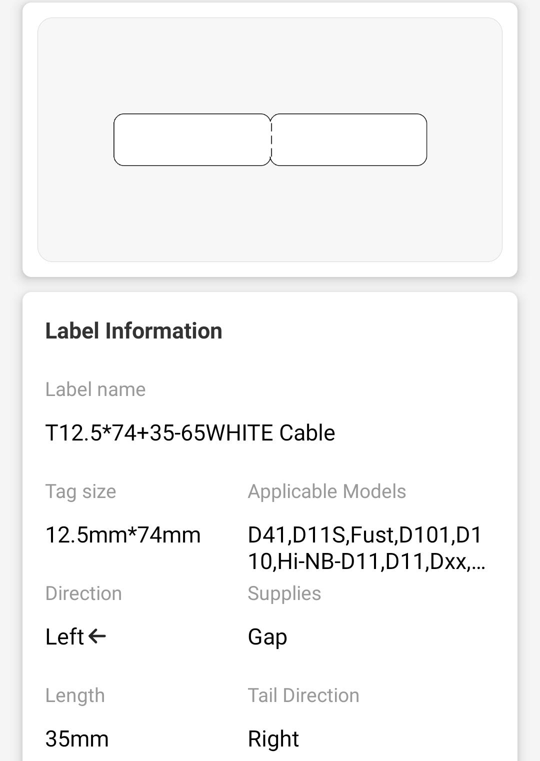 NB118 - NIIMBOT - D11 / D101 / D110 / H1S - 12.5X109MM  - 65 WHITE CABLE LABELS