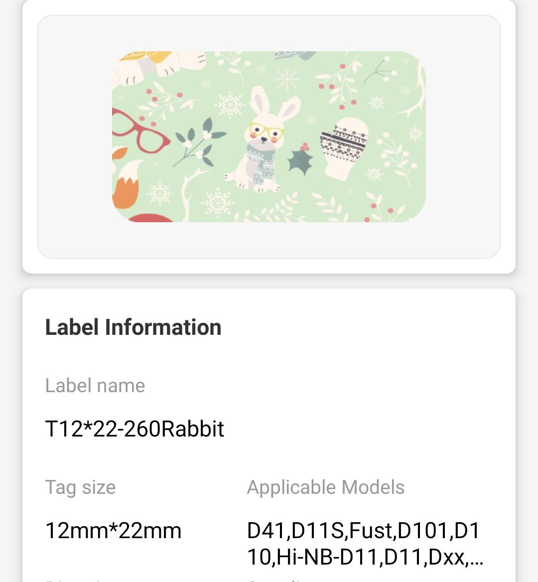 NB123 - NIIMBOT - D11 / D101 / D110 / H1S - 12X22MM - 250 CUTE RABBIT LABELS