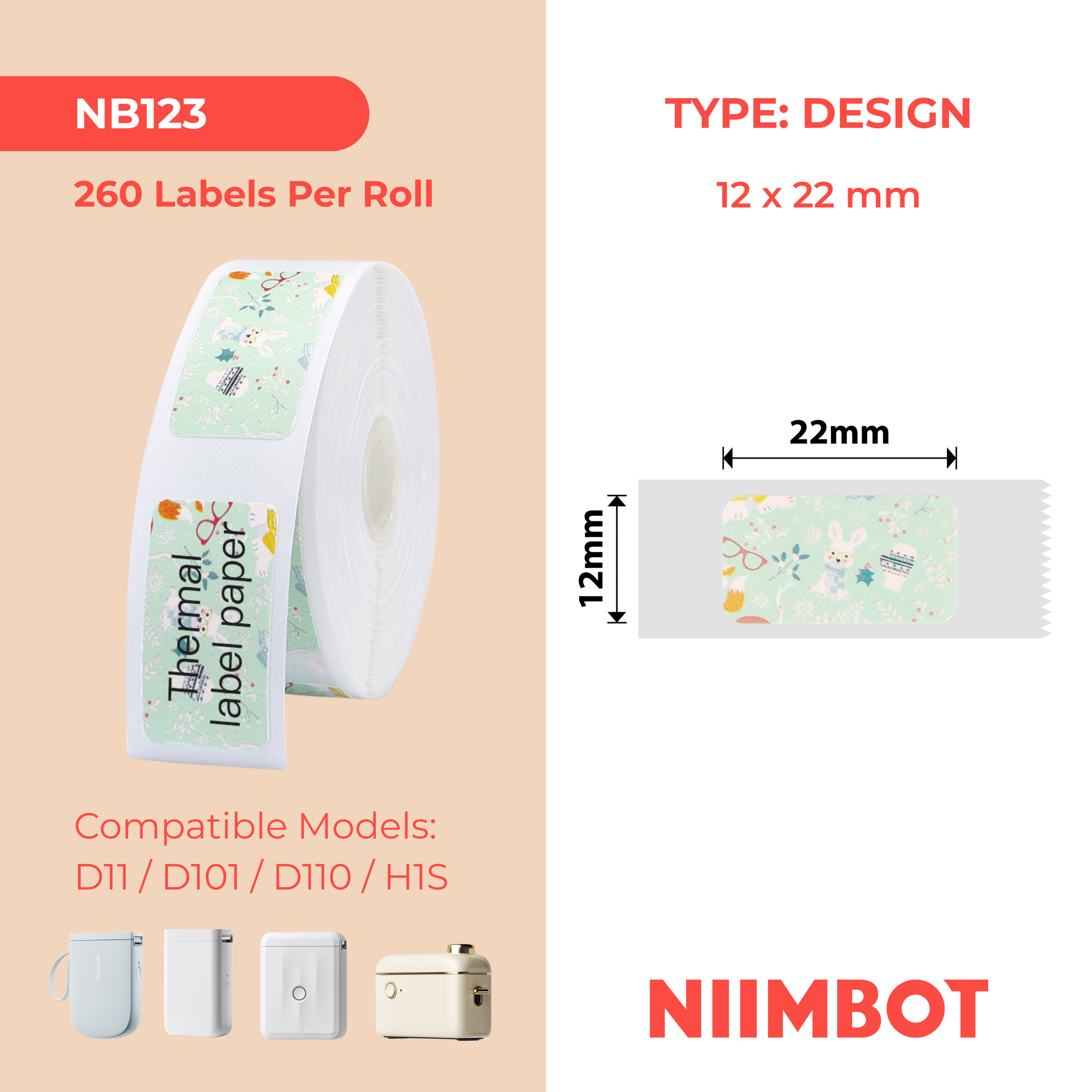NB123 - NIIMBOT - D11 / D101 / D110 / H1S - 12X22MM - 250 CUTE RABBIT LABELS