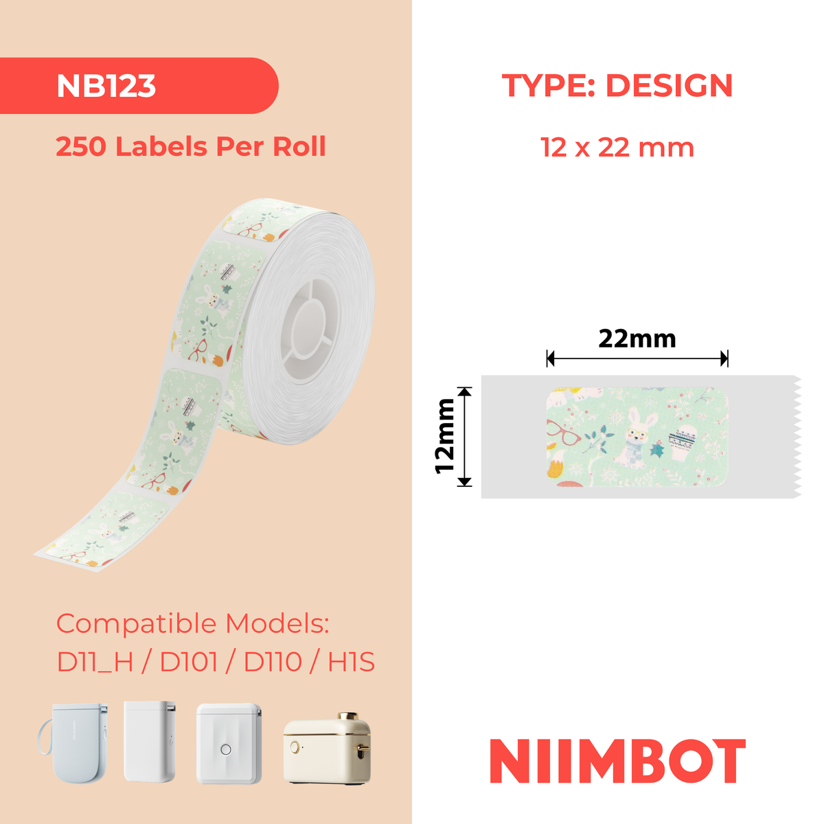 NIIMBOT - D Range - 12x22mm - Cute Rabbit - 250 Labels