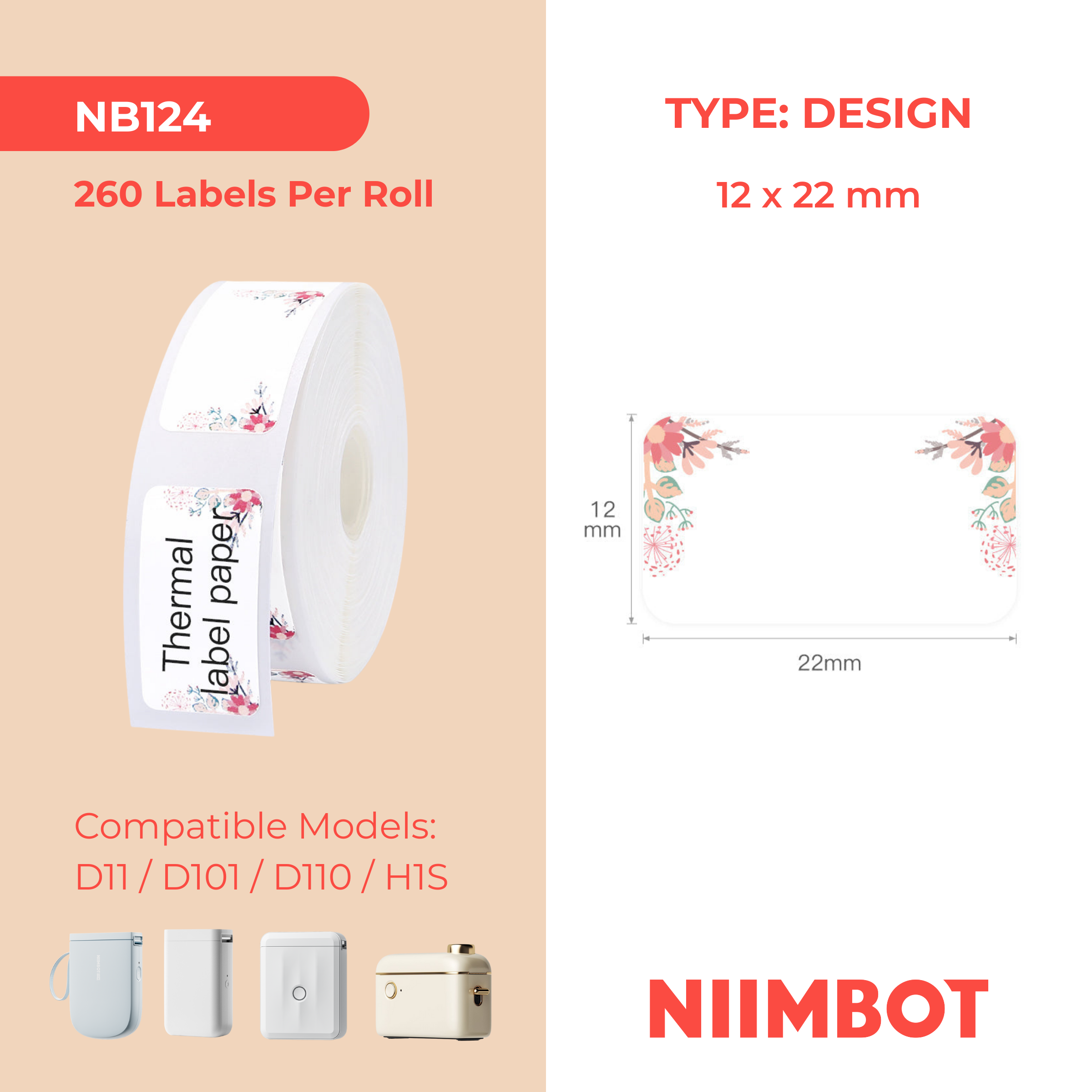 NB124 - NIIMBOT - D11 / D101 / D110 / H1S - 12X22MM - 260 SPRING RED LABELS