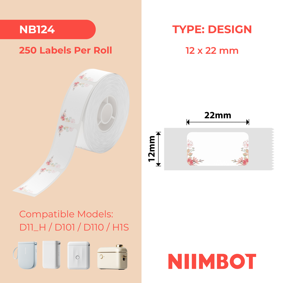 NIIMBOT - D Range - 12x22mm - Spring Red - 250 Labels