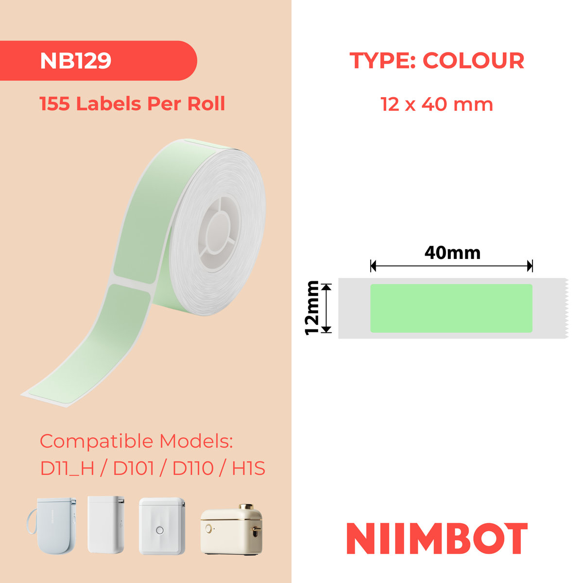 NIIMBOT - D Range - 12x40mm - Green - 155 Labels