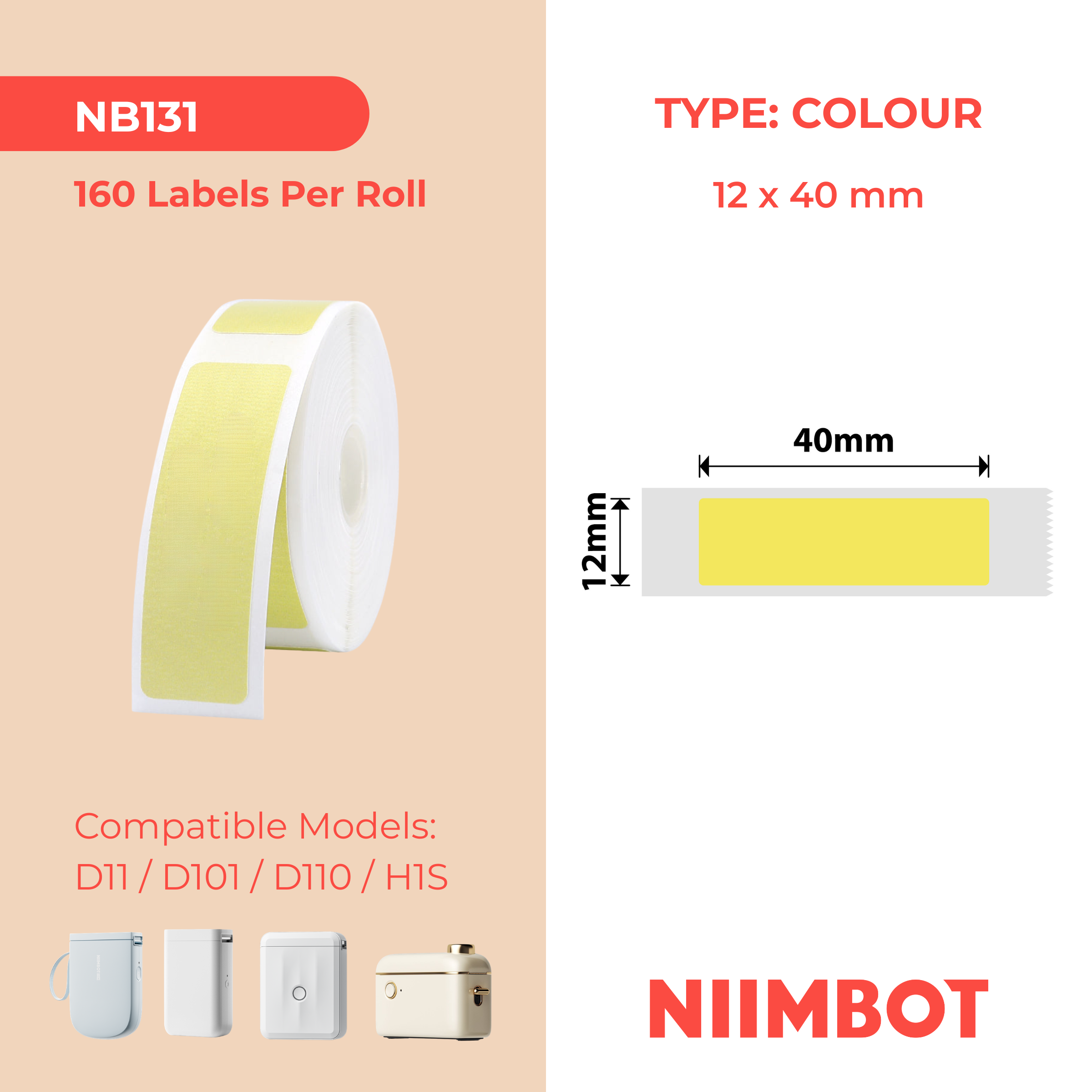 NB131 - NIIMBOT - D11 / D101 / D110 / H1S - 12X40MM - 155 BRIGHT YELLOW LABELS