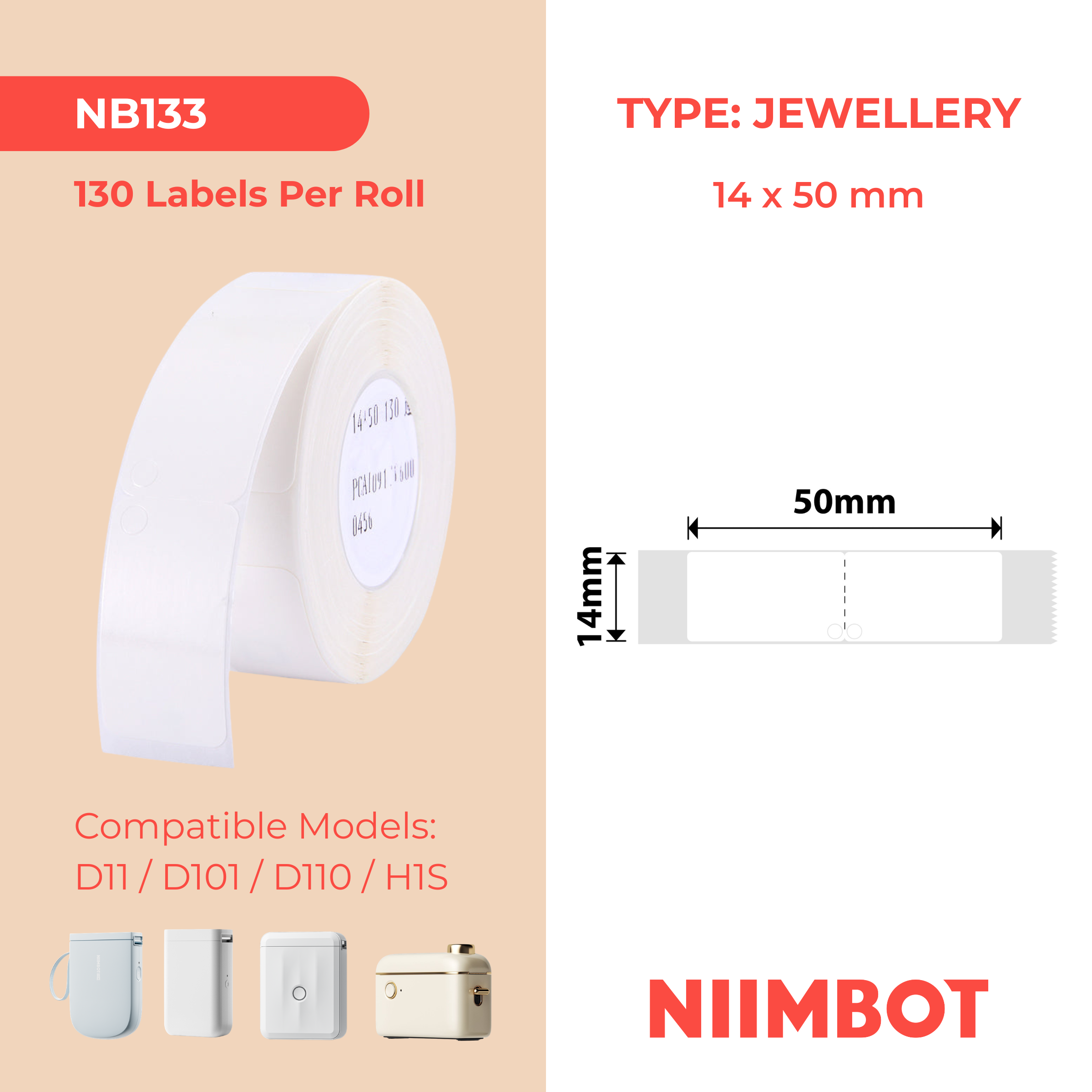 NB133 - NIIMBOT - D11 / D101 / D110 / H1S - 14X50MM - 130 WHITE JEWELLERY FOLDING LABELS